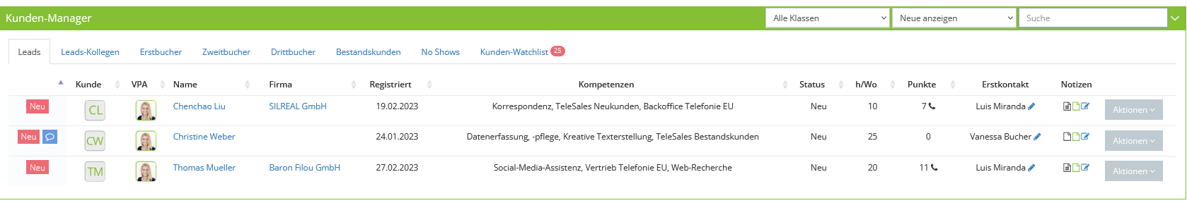 Kundenmanager Dashlet - Leads